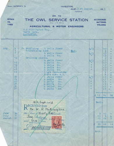 Receipted bill from The Owl Service Station