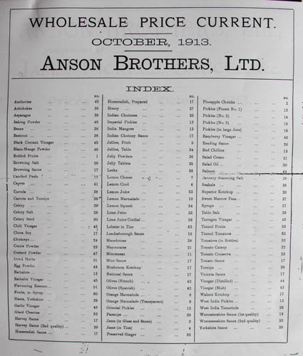The Index in the front of the Anson Brothers Wholesale Price Current 1913