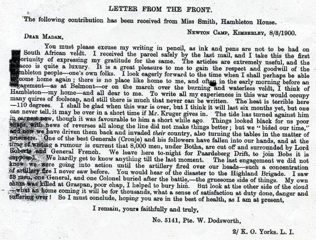 A letter from Wilfred Dodsworth written during the Boer War
